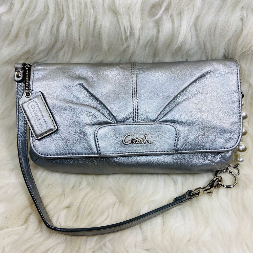 Coach Ashley silver leather metallic pleated wristlet clutch